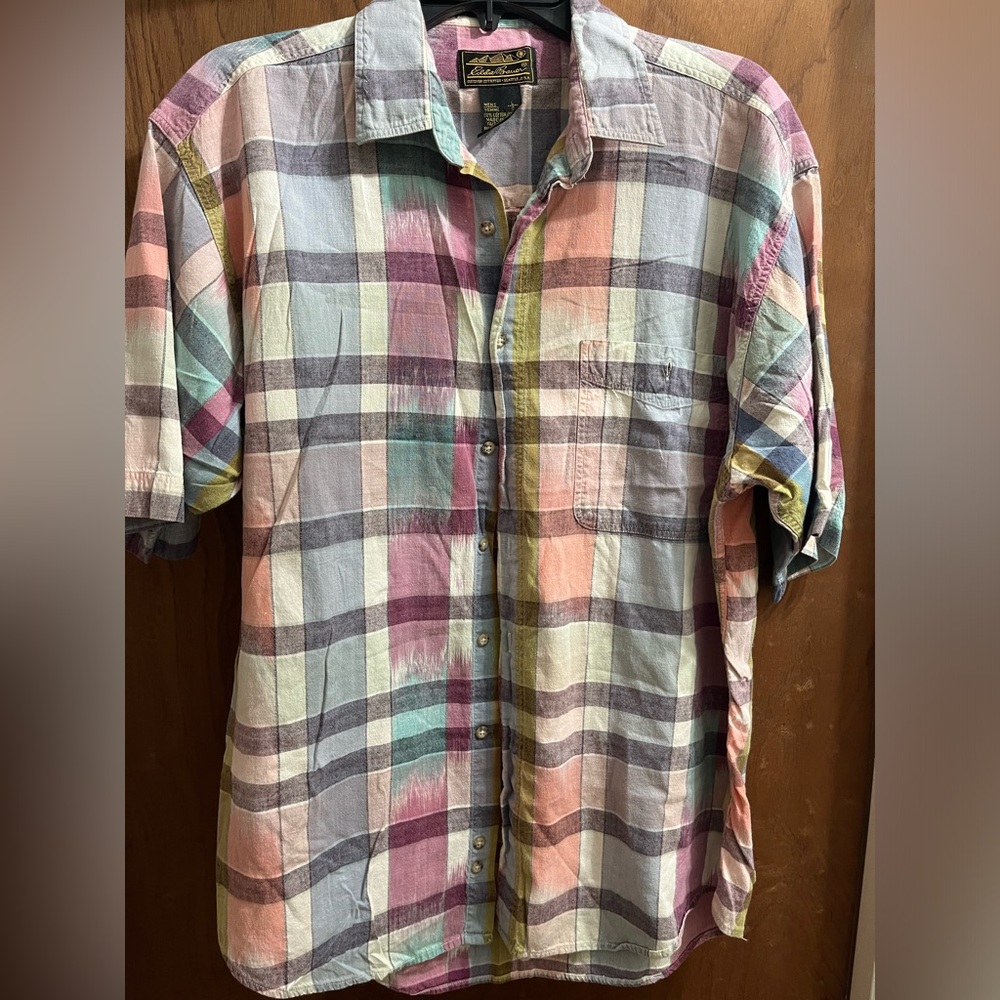 Vintage Eddie Bauer Superior Madras Multicolor Large Short Sleeve Button Down